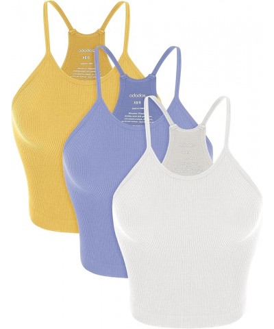 Women's Crop 3-Pack Washed Seamless Rib-Knit Camisole Crop Tank Tops White+purple+yellow (Waist Length) $13.59 Tanks