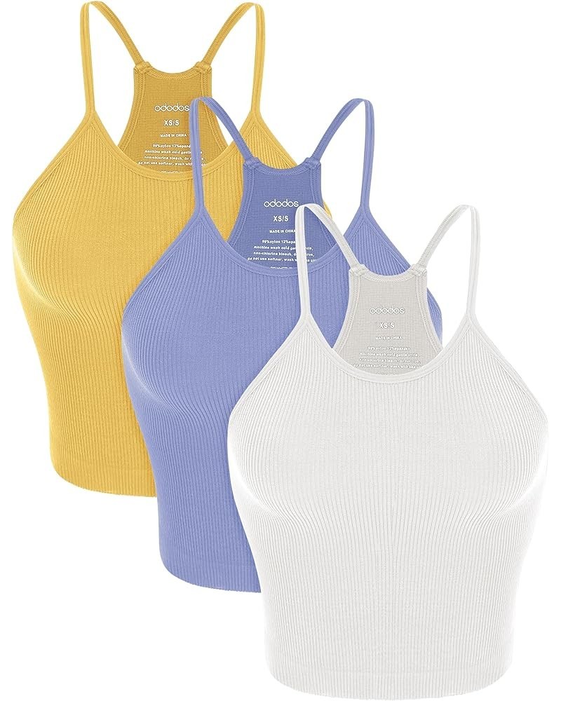 Women's Crop 3-Pack Washed Seamless Rib-Knit Camisole Crop Tank Tops White+purple+yellow (Waist Length) $13.59 Tanks