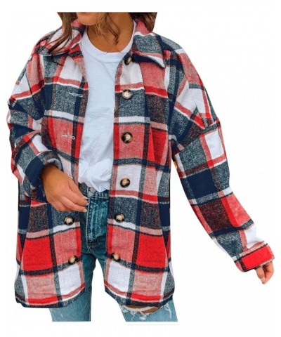 Women's Flannel Plaid Shacket Jacket Fashion Lattice Lapel Button Casual Overcoat Fall Thin Woolen Coat Outerwear 06 Red $10....