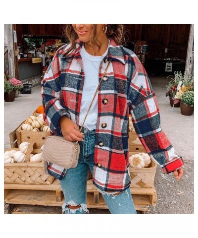 Women's Flannel Plaid Shacket Jacket Fashion Lattice Lapel Button Casual Overcoat Fall Thin Woolen Coat Outerwear 06 Red $10....