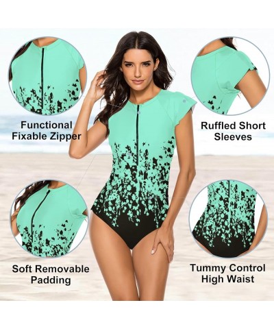 Women Modest One Piece Bathing Suit Short Sleeve Tummy Control Swimsuit Zipper Surfing Athletic Rash Guard Floral Green Black...