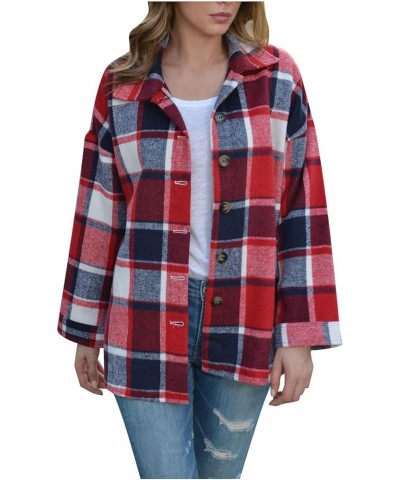 Women's Flannel Plaid Shacket Jacket Fashion Lattice Lapel Button Casual Overcoat Fall Thin Woolen Coat Outerwear 06 Red $10....