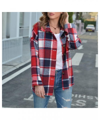 Women's Flannel Plaid Shacket Jacket Fashion Lattice Lapel Button Casual Overcoat Fall Thin Woolen Coat Outerwear 06 Red $10....