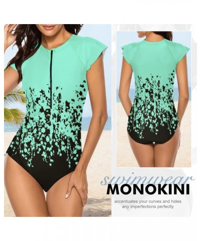 Women Modest One Piece Bathing Suit Short Sleeve Tummy Control Swimsuit Zipper Surfing Athletic Rash Guard Floral Green Black...