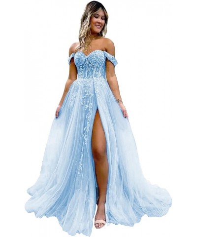 Women's Off The Shoulder Tulle Prom Dresses with Split Long Lace Appliques Beaded Formal Evening Party Gown Light Blue $33.75...