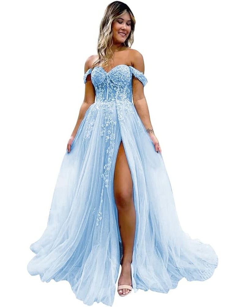 Women's Off The Shoulder Tulle Prom Dresses with Split Long Lace Appliques Beaded Formal Evening Party Gown Light Blue $33.75...