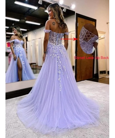 Women's Off The Shoulder Tulle Prom Dresses with Split Long Lace Appliques Beaded Formal Evening Party Gown Light Blue $33.75...