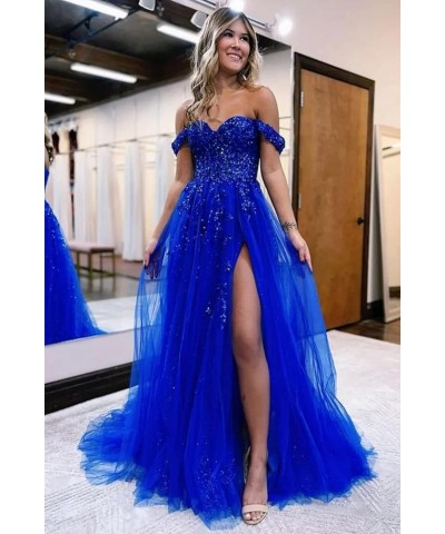 Women's Off The Shoulder Tulle Prom Dresses with Split Long Lace Appliques Beaded Formal Evening Party Gown Light Blue $33.75...