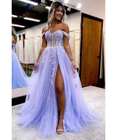 Women's Off The Shoulder Tulle Prom Dresses with Split Long Lace Appliques Beaded Formal Evening Party Gown Light Blue $33.75...