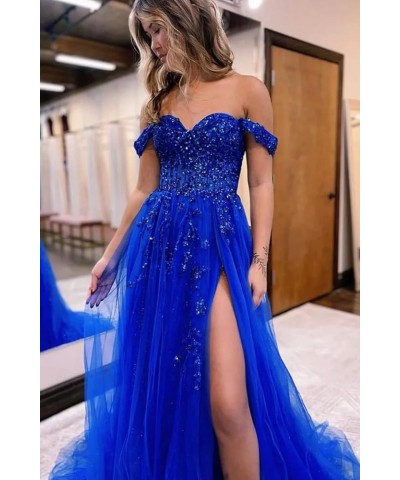 Women's Off The Shoulder Tulle Prom Dresses with Split Long Lace Appliques Beaded Formal Evening Party Gown Light Blue $33.75...