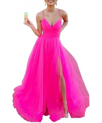 Tulle Prom Dresses for Women Long V Neck Formal Evening Party Gowns Bridesmaid Dress with Slit Hot Pink $31.20 Dresses