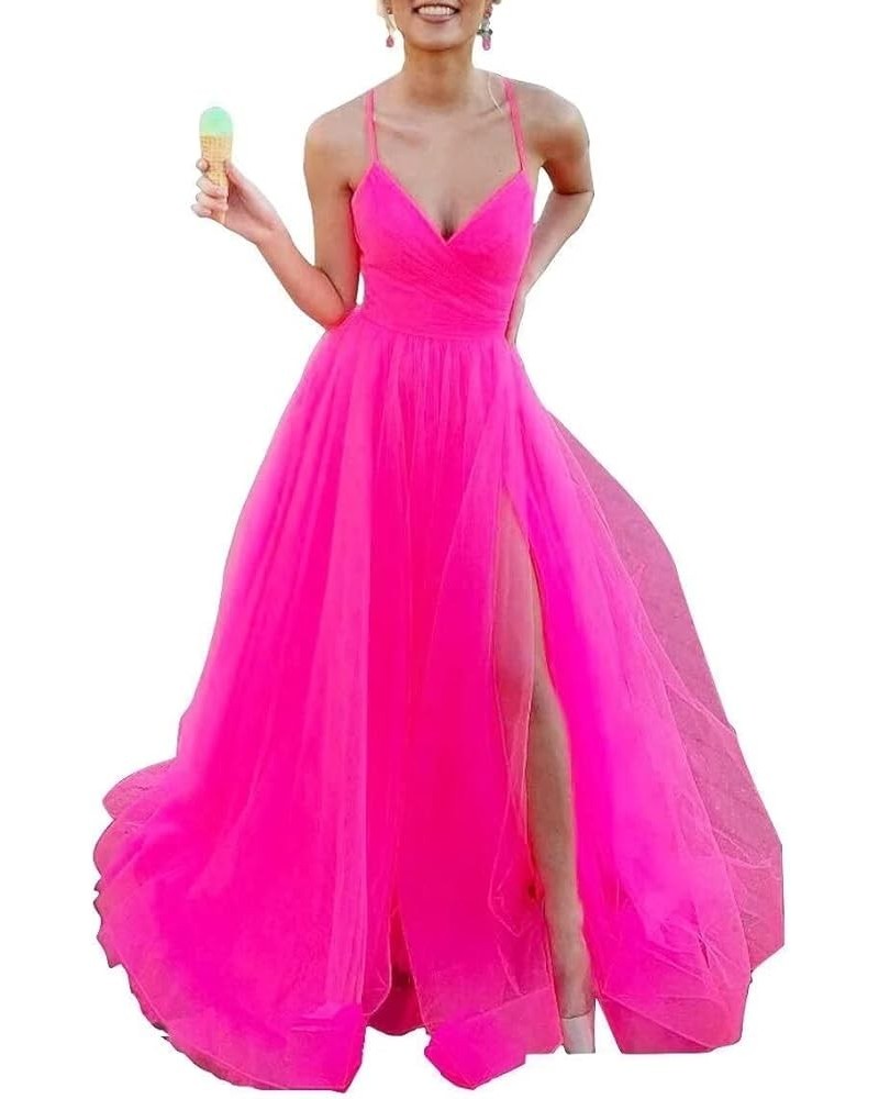 Tulle Prom Dresses for Women Long V Neck Formal Evening Party Gowns Bridesmaid Dress with Slit Hot Pink $31.20 Dresses