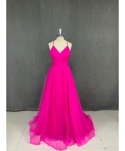 Tulle Prom Dresses for Women Long V Neck Formal Evening Party Gowns Bridesmaid Dress with Slit Hot Pink $31.20 Dresses