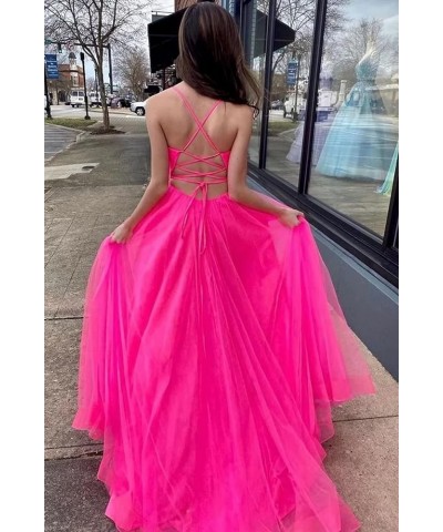 Tulle Prom Dresses for Women Long V Neck Formal Evening Party Gowns Bridesmaid Dress with Slit Hot Pink $31.20 Dresses