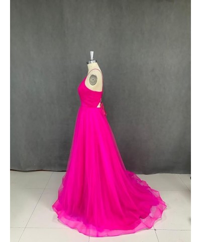 Tulle Prom Dresses for Women Long V Neck Formal Evening Party Gowns Bridesmaid Dress with Slit Hot Pink $31.20 Dresses