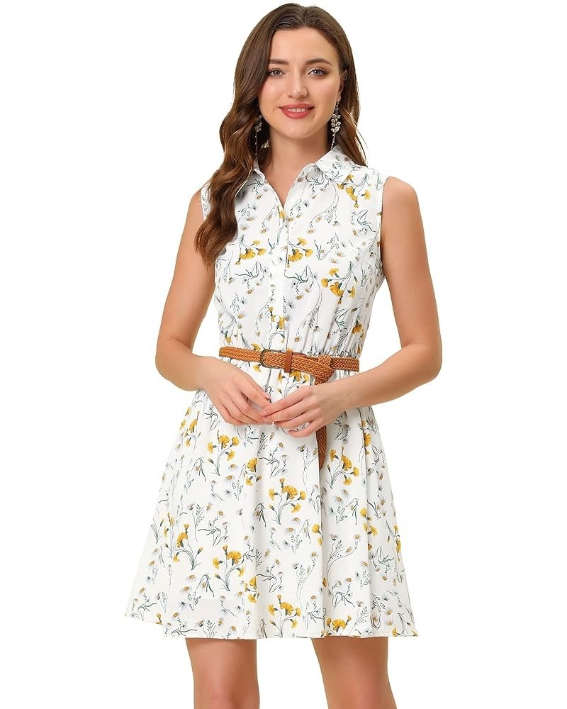 Women's Valentine's Day Floral Printed Half Placket Knee Length Sleeveless Spring Belted Dress White-yellow Daisy $13.92 Dresses