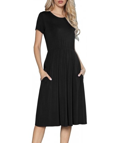 Women's Casual Short Sleeve Striped Swing Midi Dress with Pockets B-226 Black $17.50 Dresses