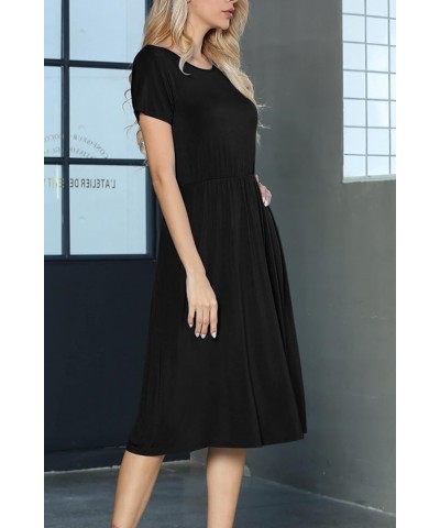 Women's Casual Short Sleeve Striped Swing Midi Dress with Pockets B-226 Black $17.50 Dresses