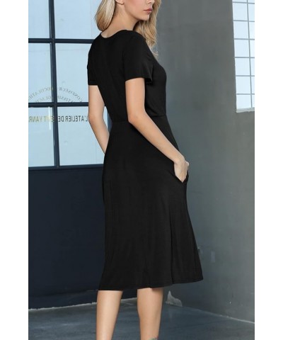 Women's Casual Short Sleeve Striped Swing Midi Dress with Pockets B-226 Black $17.50 Dresses