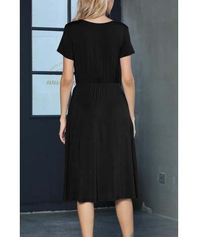 Women's Casual Short Sleeve Striped Swing Midi Dress with Pockets B-226 Black $17.50 Dresses