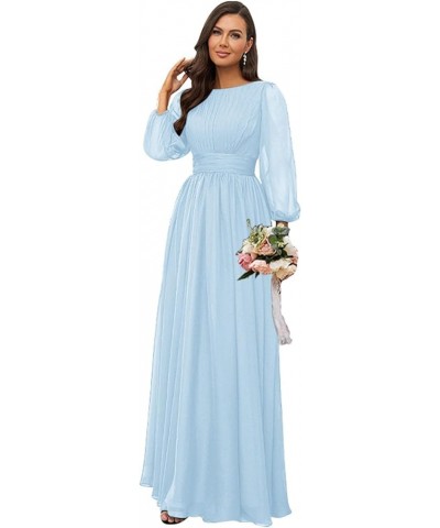 Women's Crew Neck Bridesmaid Dresses Long Sleeves Chiffon Pleated Formal Party Gown Light Blue $29.69 Dresses
