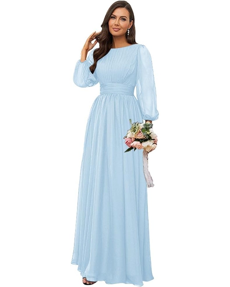 Women's Crew Neck Bridesmaid Dresses Long Sleeves Chiffon Pleated Formal Party Gown Light Blue $29.69 Dresses