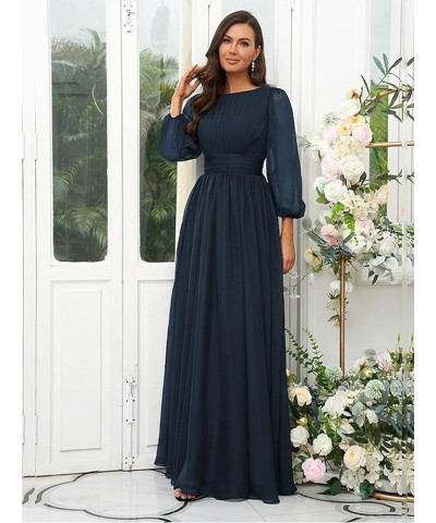 Women's Crew Neck Bridesmaid Dresses Long Sleeves Chiffon Pleated Formal Party Gown Light Blue $29.69 Dresses