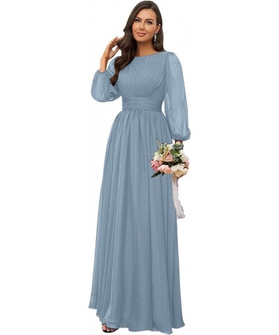 Women's Crew Neck Bridesmaid Dresses Long Sleeves Chiffon Pleated Formal Party Gown Light Blue $29.69 Dresses