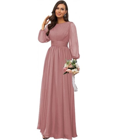 Women's Crew Neck Bridesmaid Dresses Long Sleeves Chiffon Pleated Formal Party Gown Light Blue $29.69 Dresses