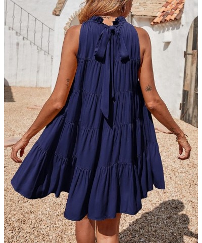 Women Summer Casual 2024 Sleeveless Halter Dress Ruffle Flowy Boho Sun Dress Loose Swing Pleated Cocktail Mini Dress Navy $22...