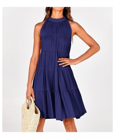 Women Summer Casual 2024 Sleeveless Halter Dress Ruffle Flowy Boho Sun Dress Loose Swing Pleated Cocktail Mini Dress Navy $22...