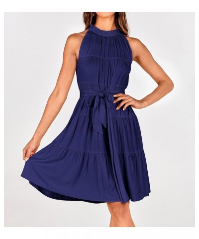 Women Summer Casual 2024 Sleeveless Halter Dress Ruffle Flowy Boho Sun Dress Loose Swing Pleated Cocktail Mini Dress Navy $22...