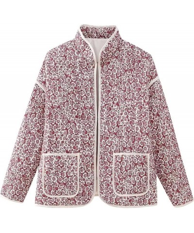 Quilted Jackets for Women Lightweight Floral Printed Cropped Coats Warm Fall Coats With Pockets Ethnic Cardigan Tops B04-red ...