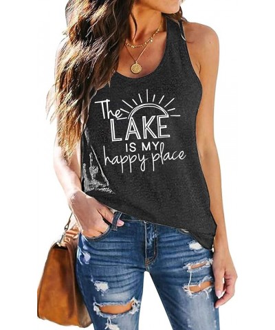 The Lake is My Happy Place Shirts Tank Tops Women Sleeveless Summer Graphic Tank Tops Tee Cami Grey $11.20 Tanks
