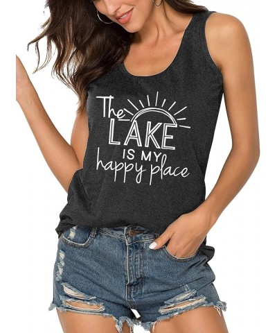 The Lake is My Happy Place Shirts Tank Tops Women Sleeveless Summer Graphic Tank Tops Tee Cami Grey $11.20 Tanks