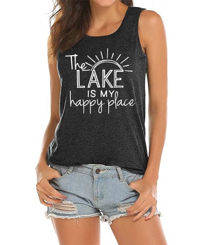 The Lake is My Happy Place Shirts Tank Tops Women Sleeveless Summer Graphic Tank Tops Tee Cami Grey $11.20 Tanks