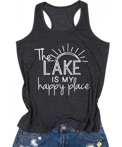 The Lake is My Happy Place Shirts Tank Tops Women Sleeveless Summer Graphic Tank Tops Tee Cami Grey $11.20 Tanks