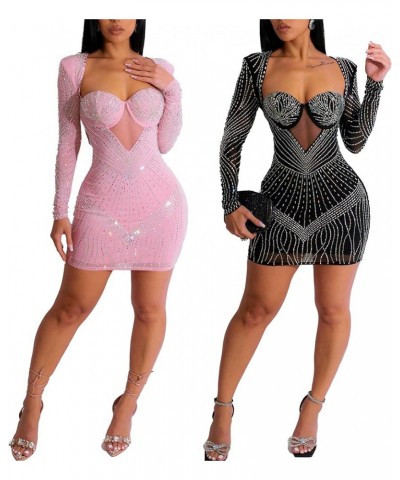 Women's Sexy Rhinestone Long Sleeve Night Club Dress Party Clubwear Evening Dress A Black $24.18 Dresses