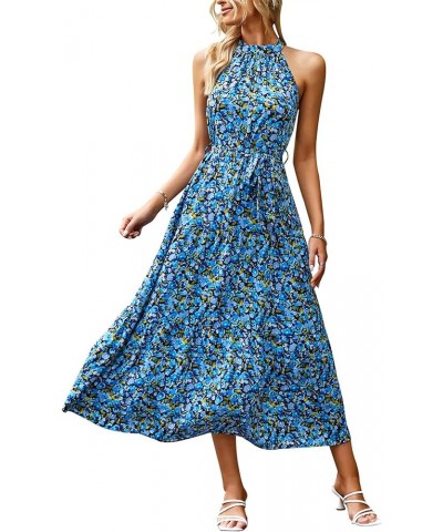 Women's Summer Floral Maxi Sun Dress Sleeveless Halter Neck Flowy Ruffle Hem Long Boho Dresses with Belt Floral Bright Blue $...