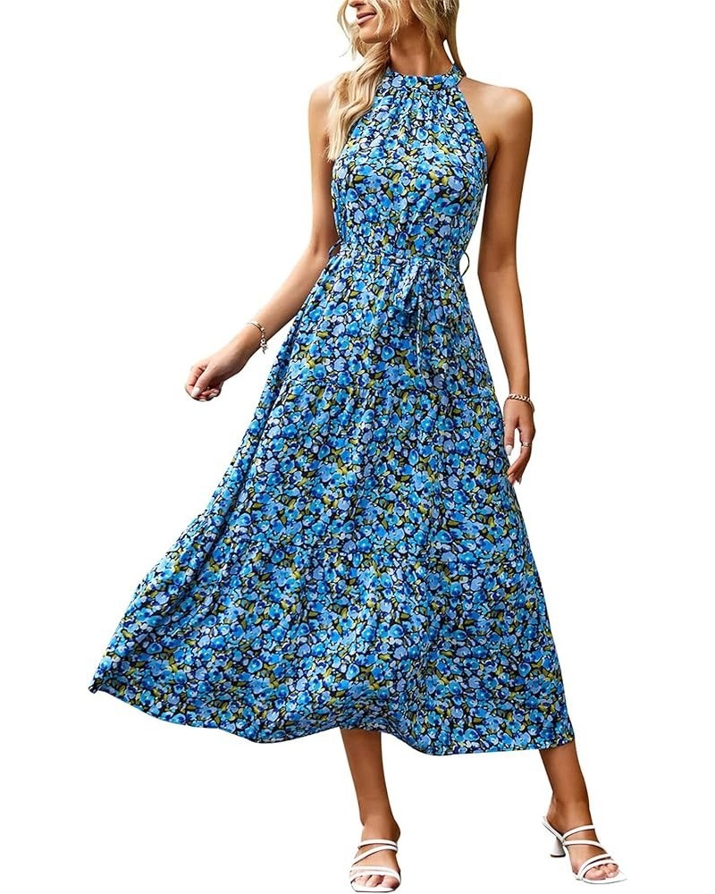 Women's Summer Floral Maxi Sun Dress Sleeveless Halter Neck Flowy Ruffle Hem Long Boho Dresses with Belt Floral Bright Blue $...