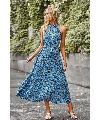 Women's Summer Floral Maxi Sun Dress Sleeveless Halter Neck Flowy Ruffle Hem Long Boho Dresses with Belt Floral Bright Blue $...