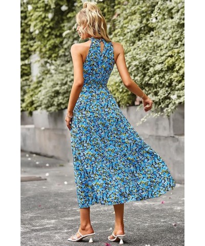 Women's Summer Floral Maxi Sun Dress Sleeveless Halter Neck Flowy Ruffle Hem Long Boho Dresses with Belt Floral Bright Blue $...