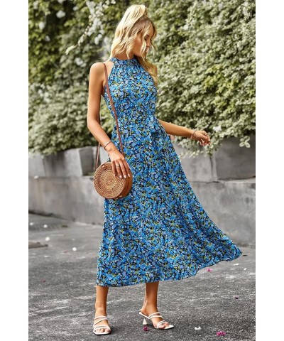 Women's Summer Floral Maxi Sun Dress Sleeveless Halter Neck Flowy Ruffle Hem Long Boho Dresses with Belt Floral Bright Blue $...