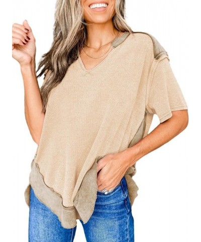 Women's Fashion Oversized T Shirts Casual Short Sleeve Henley Neck Summer Tops Tees Parchment $15.29 T-Shirts