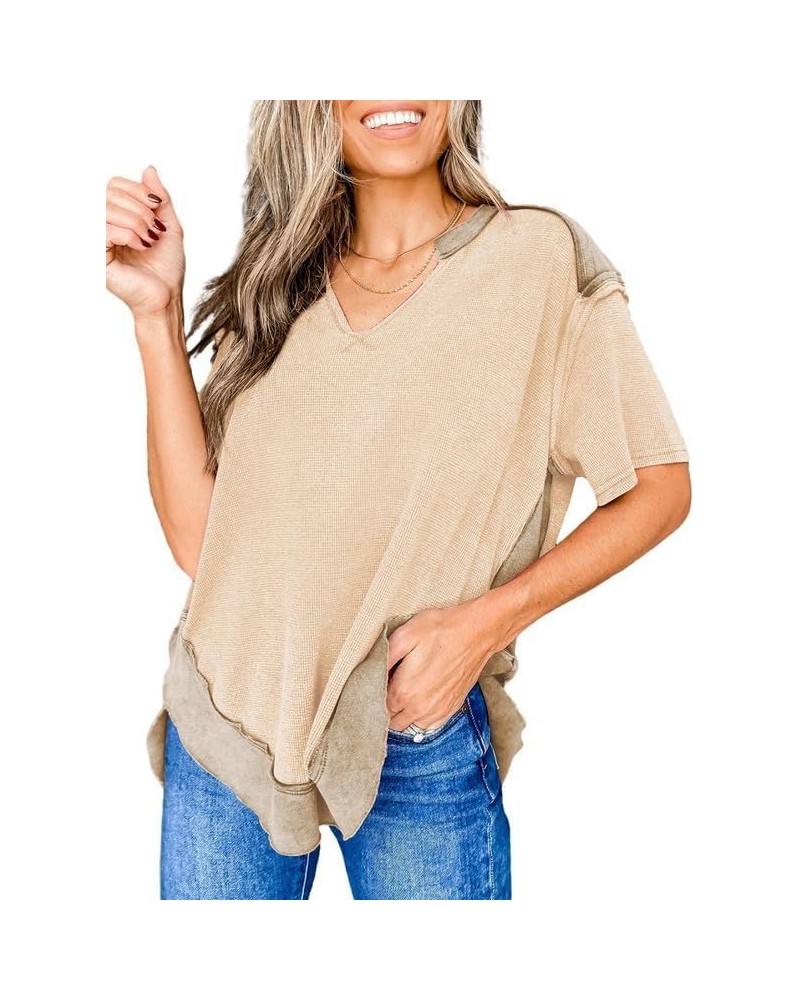 Women's Fashion Oversized T Shirts Casual Short Sleeve Henley Neck Summer Tops Tees Parchment $15.29 T-Shirts