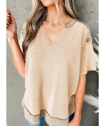 Women's Fashion Oversized T Shirts Casual Short Sleeve Henley Neck Summer Tops Tees Parchment $15.29 T-Shirts