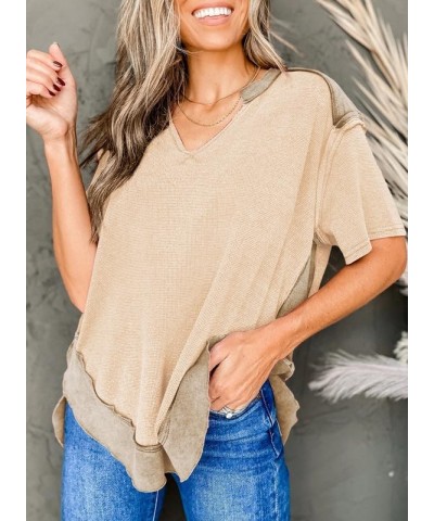 Women's Fashion Oversized T Shirts Casual Short Sleeve Henley Neck Summer Tops Tees Parchment $15.29 T-Shirts