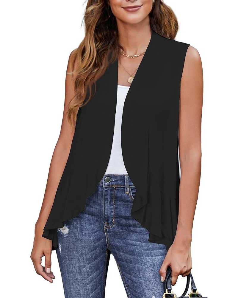 Women's Sleeveless Draped Open Front Cardigan Ruffles Hem Vest Black $10.79 Sweaters