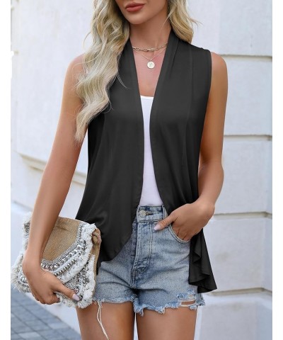 Women's Sleeveless Draped Open Front Cardigan Ruffles Hem Vest Black $10.79 Sweaters