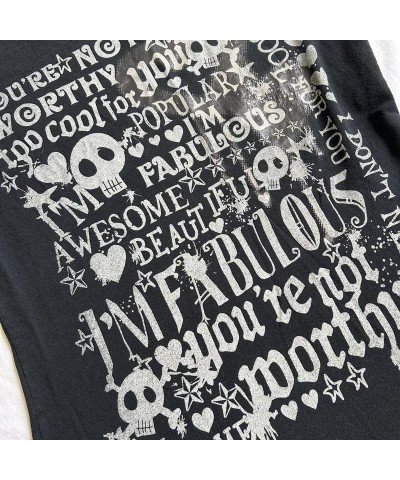 Women Y2k Gothic Fitted T-Shirt Skull Print Short Sleeve Tee Vintage Fairy Grunge Shirt Hurajuku Halloween Top R-black Letter...